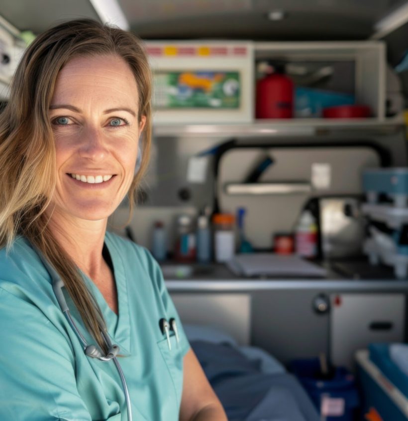 Mobile healthcare unit nurse providing services in underserved areas, van and equipment